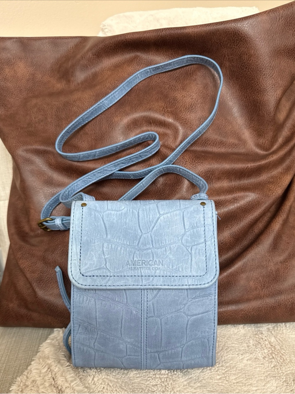 American Leather Co. Light Blue Croc-Embossed Crossbody Bag